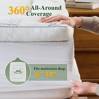 Memory Foam Mattress Topper - Viscose Made from Bamboo Pillow Top Thick Full Size Mattress Pad for Back Pain, Ultra Soft & Cooling for Hot Sleepers, 6-18'' Deep Pocket, White