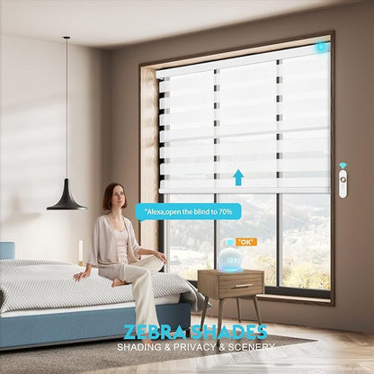 Motorized Zebra Blinds with Remote Smart Blind Work with Homekit Alexa SmartThings Electric Day and Night Shade Cordless Automatic Solar Powered Window Shade Customize(White)