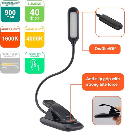 HONWELL Amber Book Light, Rechargeable Amber Reading Light for Books in Bed, Clip on Reading Light, Dimmable Book Light, Blue Light Blocking Reading Light, Warm Book Light for Kids Bookworms