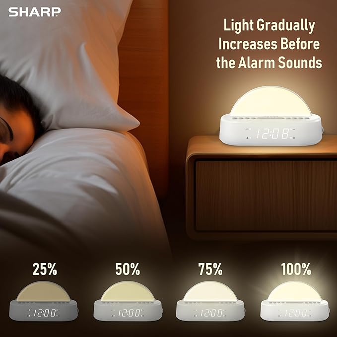 Sharp Sunrise Alarm Clock, Wake Up Gently with Sunrise/Sunset Simulation, Alarms, 5 Tranquil Sleep Aid Sounds, 8 Colors Night Light/Mood Light for Bedroom with 30/60/90 Timer