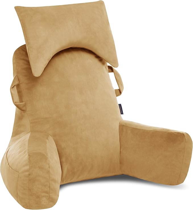 Portable Reading Pillows with Headrest for Bed Sitting Up(Camel Oeko-Tex), Velvet Back Pillow with Arms & Pockets for Adults, Support Memory Foam Bed Pillow for Dorm/Reading/Watching/Gaming
