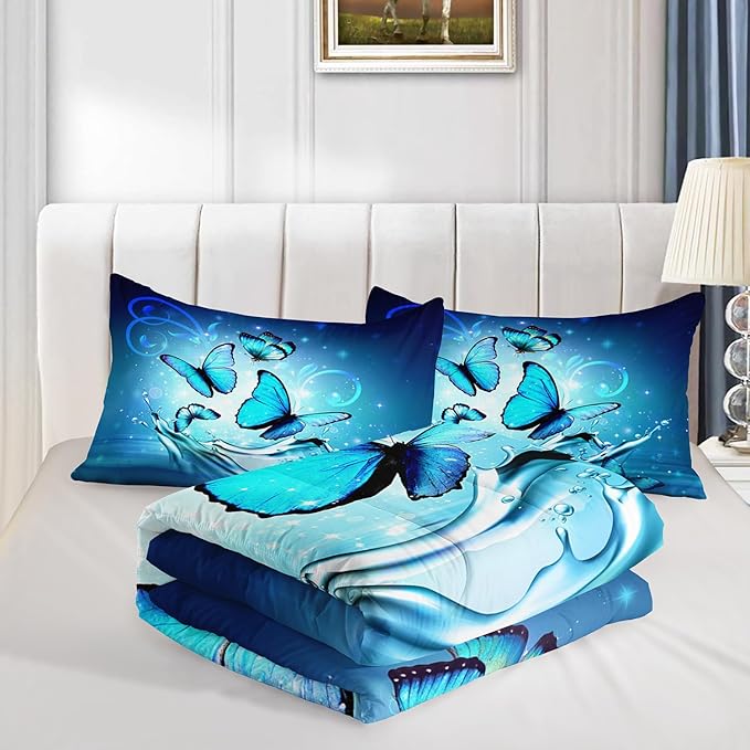 Fantasy Blue Butterfly Comforter Set King Size,Butterflies on Water Flash Bedding Sets 3 Pieces,Blue Series Aesthetic Bedding for Kids Girls Boys Room Decor with 2 Pillowcases.