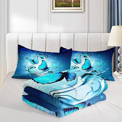 Fantasy Blue Butterfly Comforter Set Queen Size,Butterflies on Water Flash Bedding Sets 3 Pieces,Blue Series Aesthetic Bedding for Kids Girls Boys Room Decor with 2 Pillowcases.