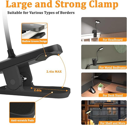 2 Pack Clip on Reading Light for Bed Headboard, Battery Rechargeable Large Clamp Bed Lamp - 5 Colors 5 Brightness, Flexible Arm Book Light at Night for Kids Bunk Desk Metal Bed Frame