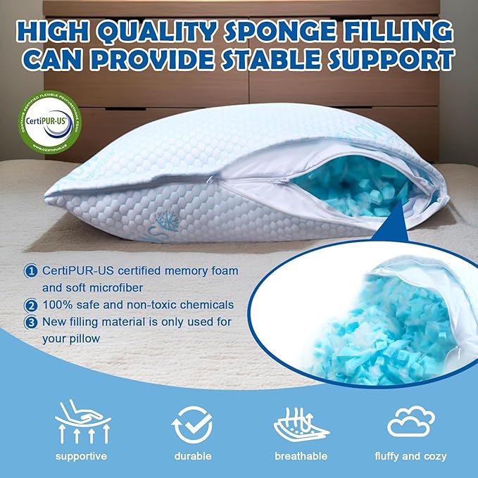 Shredded Foam Pillow Standard Size - Cooling Memory Foam Pillows That Stay Cold Soft Pillow for Sleeping, Adjustable Bed Pillow for Side, Back, and Stomach Sleepers