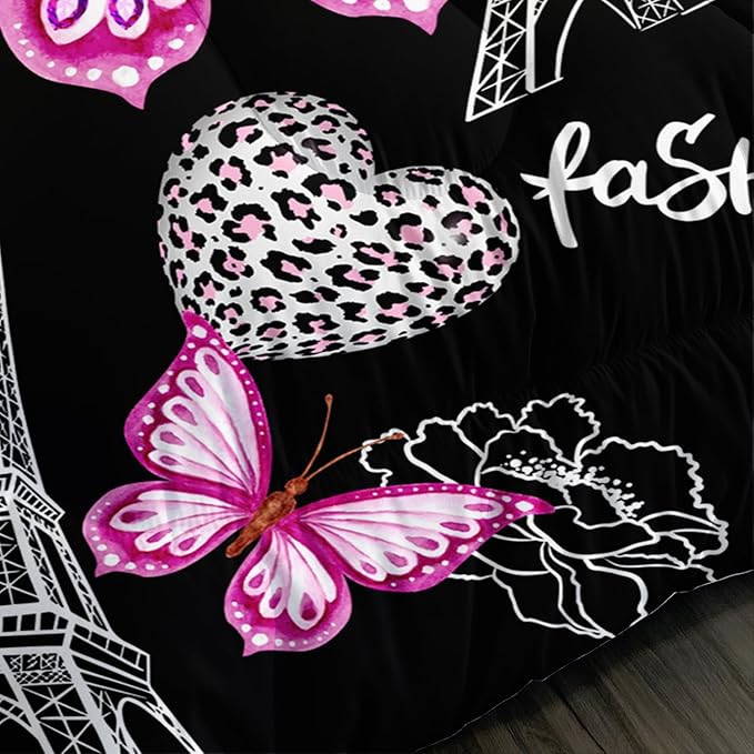 Pink Butterfly Comforter Twin Bedding Sets for Girls, Eiffel Tower Leopard Heart Pattern Bedding Sets with 2 Pillowcases,Aesthetic Bedding for Women Girls Bedroom Paris Decor.