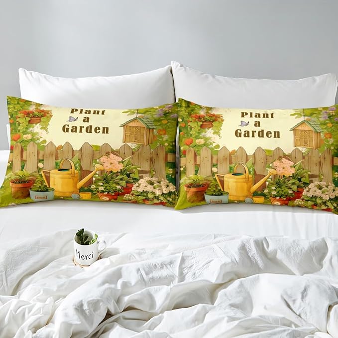 Plant a Garden Kids Sheet Full Size,Gardening Gardener Bedding Set,Boys Girls Room Decor,Potted Plants Flowers Butterfly Rustic Green Beige Bed Sheet Set 4pcs(Fitted + Flat + 2 Pillowcases)