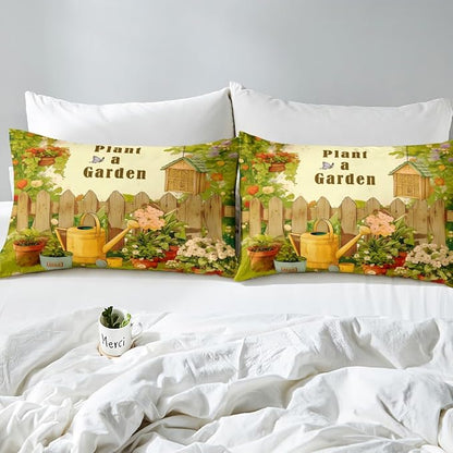 Plant a Garden Kids Sheet Queen Size,Gardening Gardener Bedding Set,Boys Girls Room Decor,Potted Plants Flowers Butterfly Rustic Green Beige Bed Sheet Set 4pcs(Fitted + Flat + 2 Pillowcases)