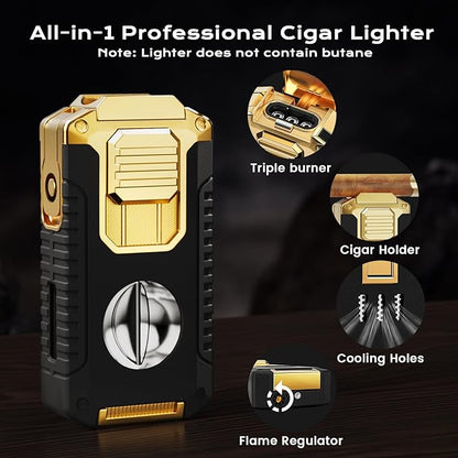 Travel Cigar Humidor Box set with Cigar Ashtray, Cigar Torch Lighter, Built-in V Cutter & Punch & Holder & Draw Enhancer Tool, Humidifier & Hygrometer, Portable Travel Cigar Case, Cigar Gifts for Men