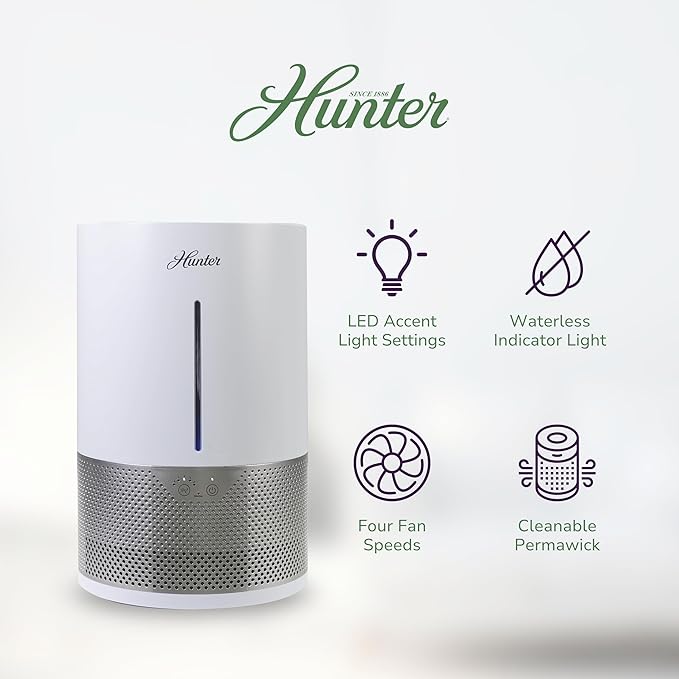 HHE150 Hunter Aspire 4.8L Evaporative Humidifier with PermaWick Filter (4.8L) - Remove Contaminants & White Dust for Clean Mist & Air – Medium Humidifier for Home, Bedroom, or Dorm - White