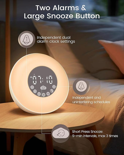 Glocusent Sunrise Alarm Clock for Bedrooms, Dual Alarm Clock Sound Machine & 14 White Noise, 2×Stereo Bluetooth Speaker/Radio/TF, 8 Color Night Light, 10-Level Dimming, Wake Up Light for Adults & Kids