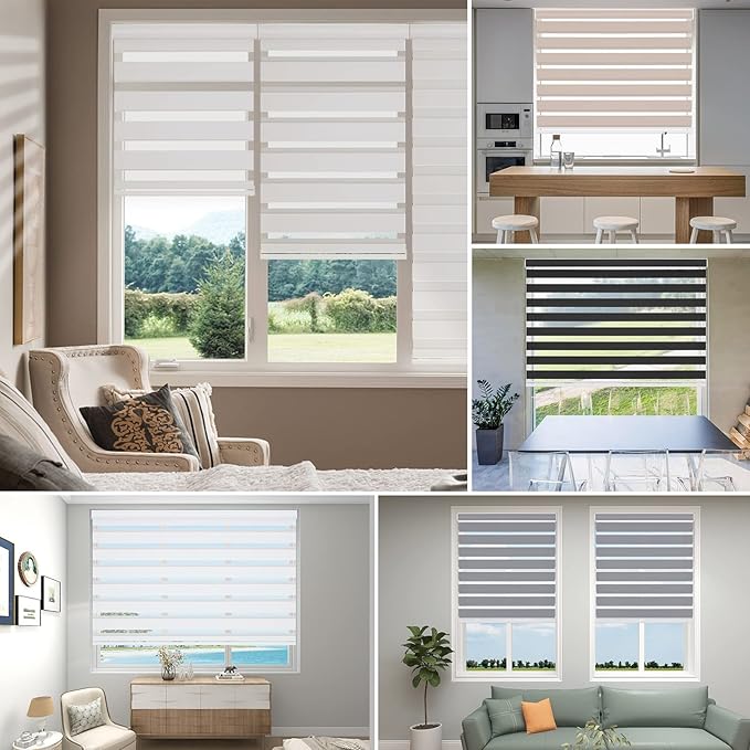 Changshade Blackout Zebra Blinds Cordless for Indoor Windows Sliding Glass Door, Custom Size Zebra Roller Shades Dual Layer Privacy Darkening for Living Room, Bedroom, Bathroom, Easy to Install, Grey