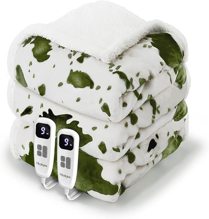 Heated Blanket King Blanket - Fast Heating Electric Blanket, Soft Flannel Heated King with 4 Time Settings,10 Heating Settings, Warm Gifts for Women & Mom & Grandma(90"x100"Cow Print Sage)