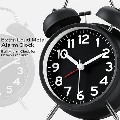 AKCISOT Loud Alarm Clock for Heavy Deep Sleepers, 4.5 Inches Analog Metal Twin Bell Clocks Battery Operated with Backlight for Bedroom Bseide, Old Fashioned for Desk Home Decoration (Black)