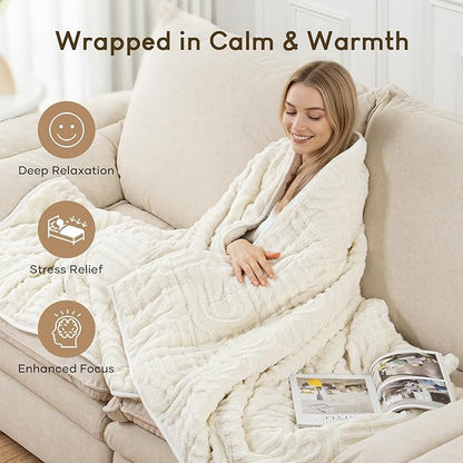 Cottonblue Weighted Blanket for Adults 15 lbs Twin Size, Soft Fluffy Sherpa Fleece Jacquard Weighted Throw Blankets 48" x 72" for Sleep Relax, Fuzzy Warm Arch Heavy Blanket for Bed Couch, Cream White
