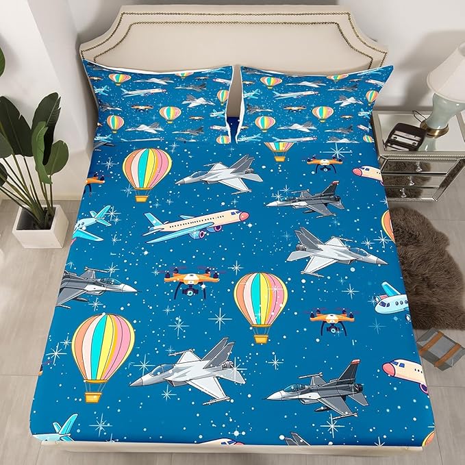 Aircraft Fitted Bottom Sheet Full Size,Cartoon Airplane Hot Air Balloon Sheet Set Soft Polyester Bedding,Glittering Galaxy Sky Bed Cover(1 Fitted Sheet+2 Pillow Cases)