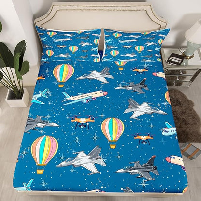 Aircraft Fitted Bottom Sheet Full Size,Cartoon Airplane Hot Air Balloon Sheet Set Soft Polyester Bedding,Glittering Galaxy Sky Bed Cover(1 Fitted Sheet+2 Pillow Cases)