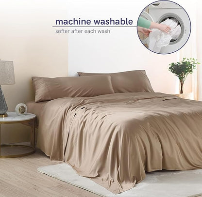 YnM Cooling Bed Sheet Set with 100 Percent Rayon Derived from Bamboo, 400TC Fabric with 1 Pillowcase and Flat Sheet, Deep Pocket Fit 19'', Silky-Soft & Sweat Wicking, 3 Piece (Twin, Brown)