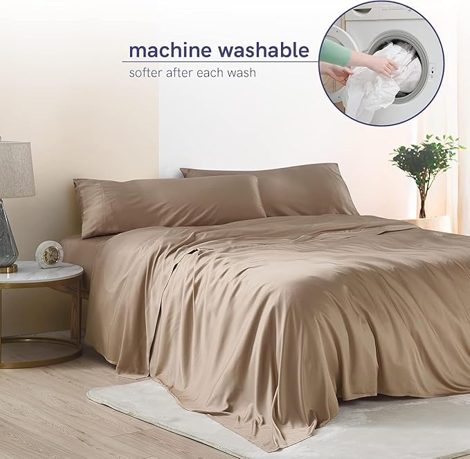 YnM Cooling Bed Sheet Set with 100 Percent Rayon Derived from Bamboo, 400TC Fabric with 2 Pillowcases and Flat Sheet, Deep Pocket Fit 19'', Silky-Soft & Sweat Wicking, 4 Piece (Full, Brown)