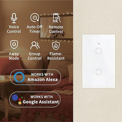 ZINDRA Smart Wall Light Switch, 2.4GHz Wi-Fi Touch Control, Single Pole Neutral Wire Required, Compatible with Alexa & Google Assistant, Remote Control with Schedule & Timer (1-Pack)