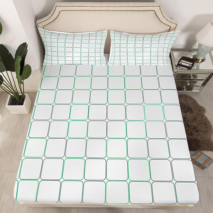 Grids Kids Full Size Fitted Sheet,Geometric Square Patchwork Room Decor,Simple Abstract Modern Boys Girls Bed Sheets,Gray Bedding Set,2 Pillowcases(No Flat)