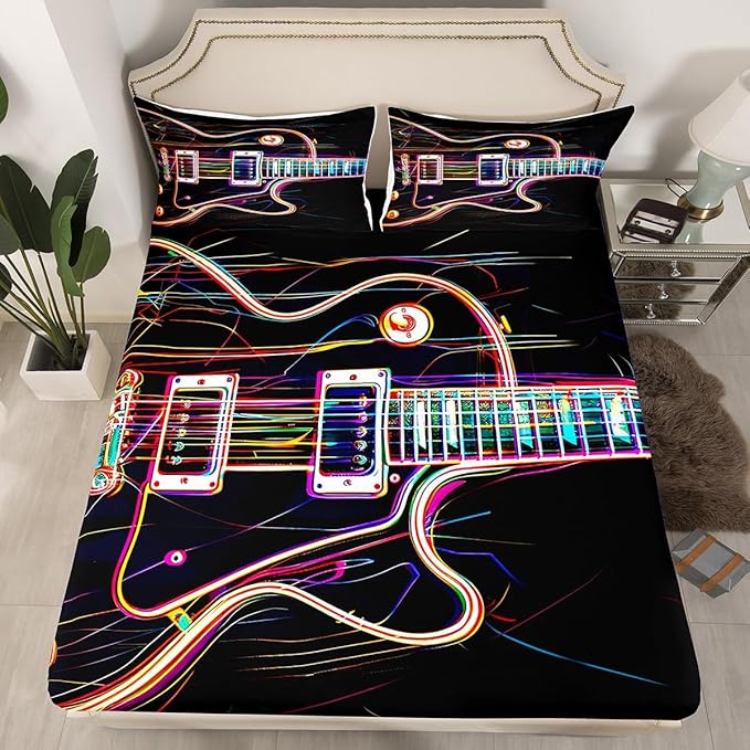 Manfei Guitar Kids Sheet Set Full Size, Rock Music Theme Bedding Set for Boys Girls Teens Bedroom Decor, Musical Instrument Hip-Hop Bed Sheet Set 4pcs (Fitted Sheet, Flat Sheet, 2 Pillowcases)