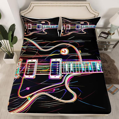 Manfei Guitar Kids Sheet Set Queen Size, Rock Music Theme Bedding Set for Boys Girls Teens Bedroom Decor, Musical Instrument Hip-Hop Bed Sheet Set 4pcs (Fitted Sheet, Flat Sheet, 2 Pillowcases)