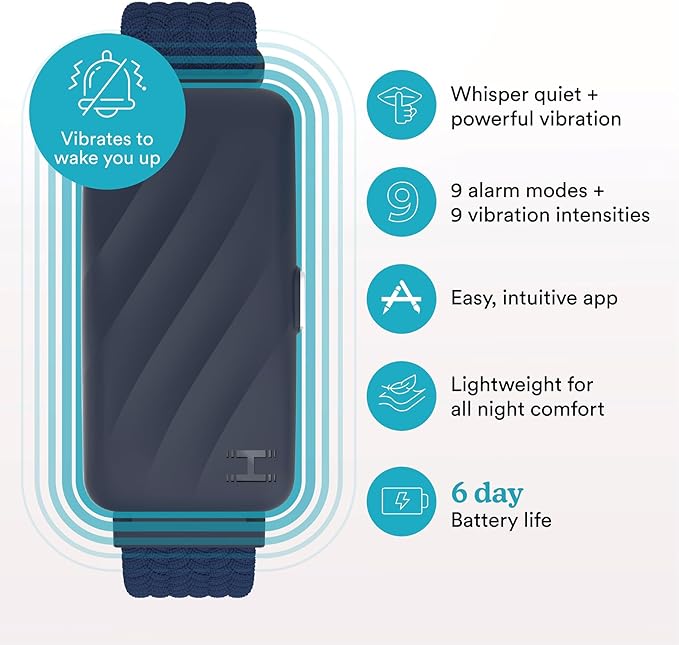 Homedics WakeBand Silent Vibrating Alarm Wristband, Ultra-Light Comfortable Design, 9 Vibration Patterns & 9 Intensities, Up to 6-Day Battery, iOS/Android App, Blue