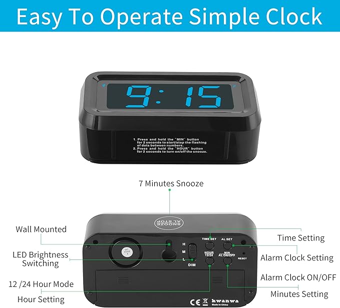 KWANWA Alarm Clock, Digital Clock, Constantly 1.2'' LED Blue Digits Display, Battery Powered, Snooze, Small Wall Clock, Desk Clock, Clock for Bedroom, Alarm Clock for Heavy Sleepers