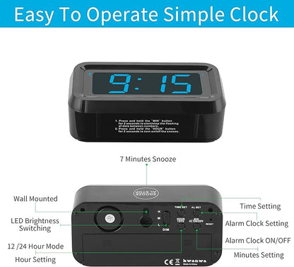 KWANWA Alarm Clock, Digital Clock, Constantly 1.2'' LED Blue Digits Display, Battery Powered, Snooze, Small Wall Clock, Desk Clock, Clock for Bedroom, Alarm Clock for Heavy Sleepers