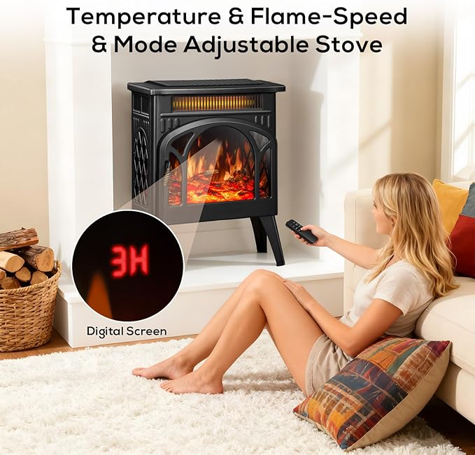 ZAFRO 21" Electric Fireplace Stove with Remote Control, Indoor Electric Fireplace Heater with Realistic Flame Effects, Space Heater with Timer & Overheat Protection for Bedroom, Living Room(Black)