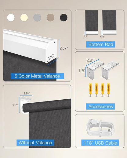 Motorized Solar Roller Shades with Remote Control, Light Filtering Smart Blinds for Windows Work with Alexa Google via Hub, Rechargeable Electric Shade Customized Size (Fireproof Black)