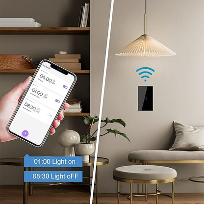 WiFi Smart Wall Light Switch,US Standard ，Voice Control ，Tempered Glass Panel, 2.4GHz Wi-Fi Touch Switches, Remote Control Smart Life/Tuya App, (1Gang-White)