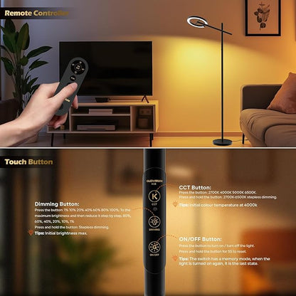 Light Therapy Lamp, 12000 LUX UV-Free Sunlight Lamp, Floor Lamp with Remote, Full Spectrum Sun Lamp, 4 Color Temps 2700-6500K & 7 Brightness & Timer LED Lamp for Living Room Bedroom Home Office, Black