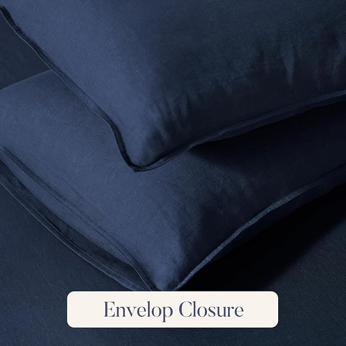 DAPU 100% Linen Duvet Cover Set - Pure Natural French Flax Linen with Corner Ties and Zipper Closure Soft Breathable Durable for Hot Sleepers 1 Duvet Cover 2 Pillowcases (Navy Blue, Full/Queen)