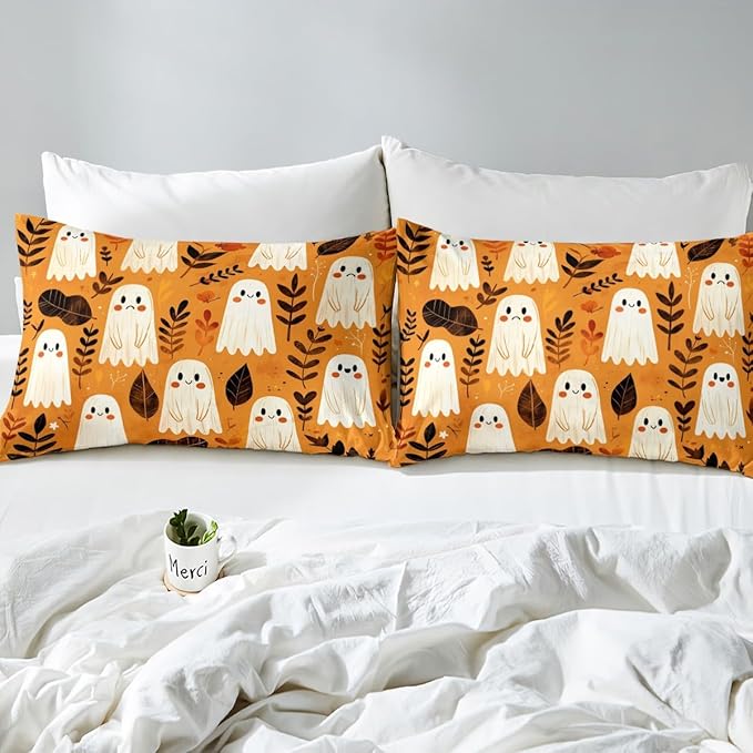 Halloween Ghost Bed Cover(1 Fitted Sheet+1 Pillow Case),Nature Botanical Leaves Graffiti Rustic Farmhouse Bedding Set for Room Decor,Cartoon Cute Ghosts Orange Bed Sheet Set,3Pcs Full Size