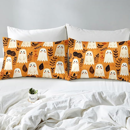 Halloween Ghost Bed Cover(1 Fitted Sheet+1 Pillow Case),Nature Botanical Leaves Graffiti Rustic Farmhouse Bedding Set for Room Decor,Cartoon Cute Ghosts Orange Bed Sheet Set,3Pcs Full Size