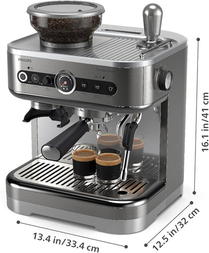 Philips Barista Brew Semi Automatic Espresso Machine - Single & Double Espresso,Americano, 250g Bean Container+Grinder+Milk Jug with temperature indicator,Calibrated Tamping,Metal Silver (PSA3218/01)