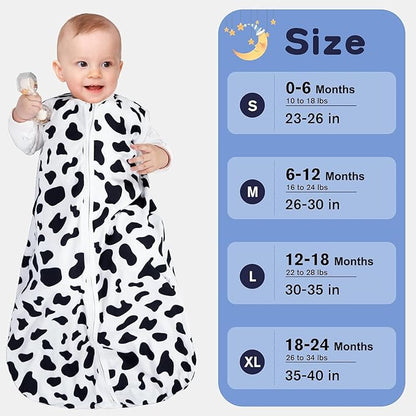 Baby Sleep Sack 6-12 Months Baby Wearable Blanket 100% Rayon Cotton 2-Way Zipper Toddler Sleeping Sack，Comfy Soft Lightweight TOG 0.3（Cow Print）