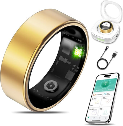 Smart Health Ring for Women Men Fitness Tracker with Heart Rate, Blood Oxygen, Blood Pressure, Sleep Monitoring, Step Counting, IP68 Waterproof for iOS and Android, No APP Fee, Gold 14