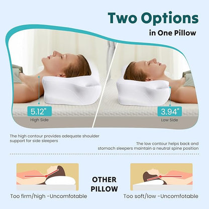 DUMOS Cervical Neck Pillow for Sleeping, Cooling Ergonomic Memory Foam Pillow with Arm Rest Slot and Ice Silk Pillowcase, Dual Height Orthopedic Support Contour for Side, Back, Stomach Sleepers