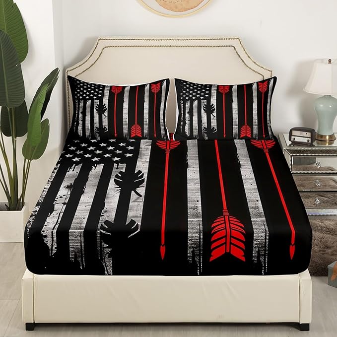 Manfei Archery Fitted Sheet Queen Size, American Flag Print Bedding Set 3pcs, Sports Gaming Theme Bed Cover with 2 Pillowcases, Kids Boys Teens Adults Room Decor, Soft Bedding(No Top Sheet)