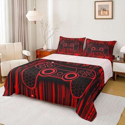 Neon Gamepad Kids Sheet Full Size,Modern Geomcetric Honeycomb Hexagon Fashion Bedding Set,Boys Girls Room Decor,Videogaming Games Controller Red Bed Sheet Set 4pcs(Fitted + Flat + 2 Pillowcases)
