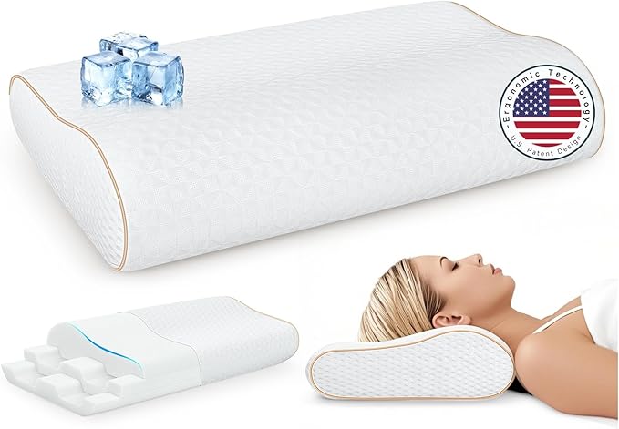 Sandwich Memory Foam Pillow for Sleeping - Ergonomic Cervical Cooling Pillows Queen Size 1 Pack (Soft)
