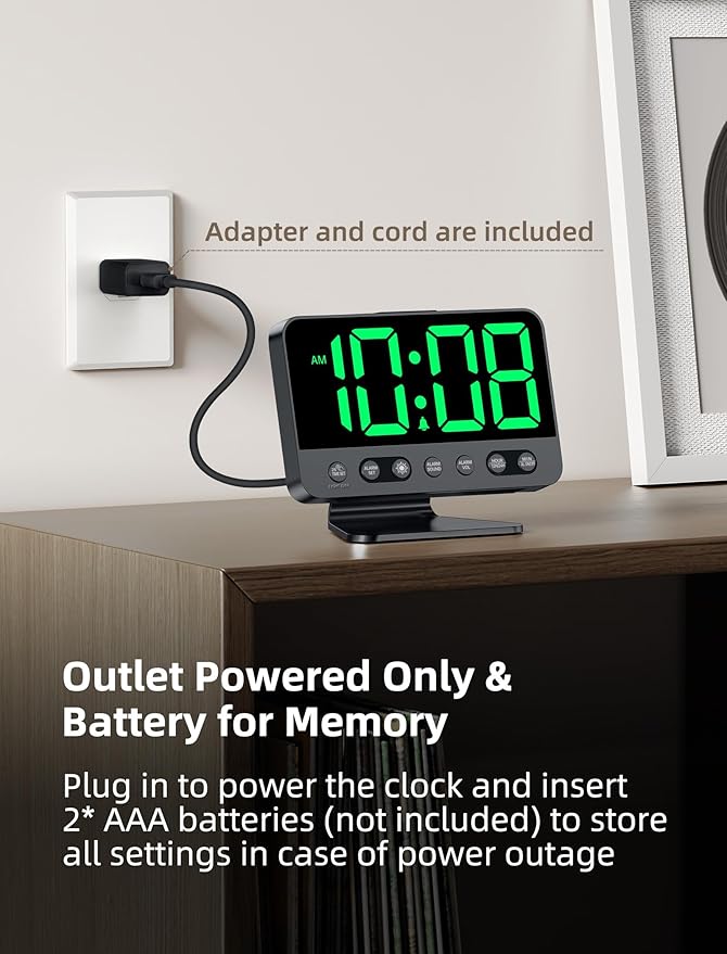 Digital Alarm Clocks for Bedrooms: Large Bold Number 5 Brightness Dimmer - Easy to Read Across The Room - 5 Alarm Sound 8 Night Light - Green