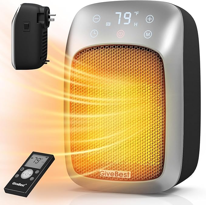 GiveBest Plug in Wall Space Heater With Remote, 800W Small Outlet Heater With Adjustable Thermostat, Memory Function, 12H Timer, LED Display for RV, Home Office, Bathroom Indoor Use