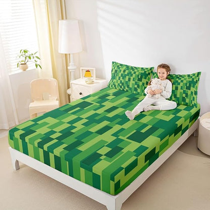 Pixel Grid Kids Full Size Fitted Sheet,Video Games Plaid Lattice Boys Girls Bed Sheets,Geometric Check Abstract Room Decor,Green Bedding Set,2 Pillowcases(No Flat)