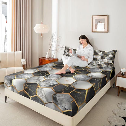 Marble Kids Full Size Fitted Sheet,Geometric Honeycomb Modern Boys Girls Bed Sheets,Abstract Hexagon Futuristic Room Decor,Black Gray Bedding Set,2 Pillowcases(No Flat)