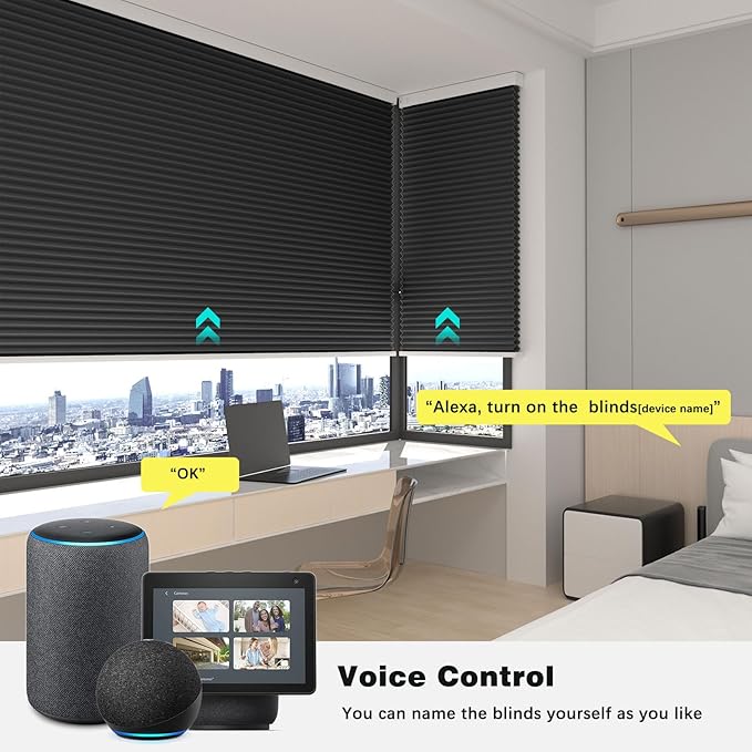 Changshade Automatic Blackout Blinds Motorized Cellular Shades with Remote Control Custom Size, Honeycomb Electric Smart Blinds for Indoor Windows Work with Alexa, Google Home, Light Blocking, Black