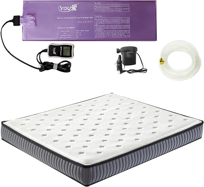 Semi Waveless Water Bed Mattress Queen Size (60x80 Inches) - Softside Foldable Waterbed with Smart Thermostats & Fill/Drain Kit | Soft Cover for Adults & Kids